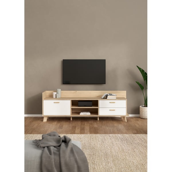Comodă TV albă-în culoare naturală cu aspect de lemn de stejar 182x62x51 cm Ikast – Tvilum-image-1
