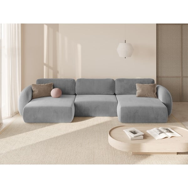 Colțar gri deschis extensibil/cu spațiu de depozitare cu tapițerie din catifea (în formă de "U") Tonale – Cosmopolitan Design-image-1