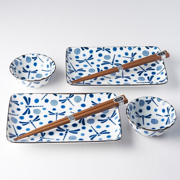 Set 6 farfurii de sushi din ceramică MIJ Blue Dragonfly, albastru-alb-image-1