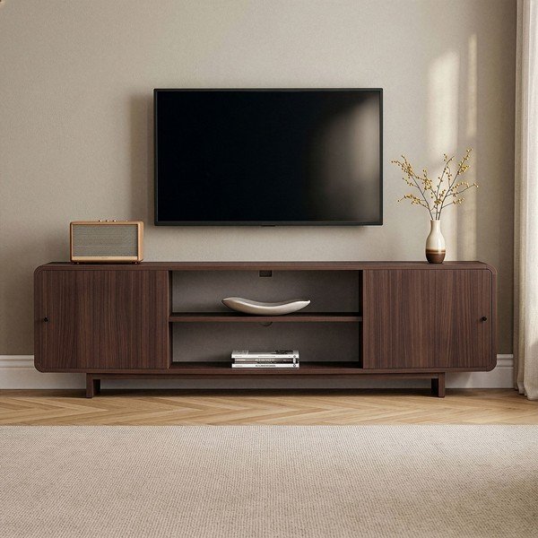 Comodă TV în culoare naturală închisă cu aspect de lemn de nuc 180x52x34 cm Mirel – Nordure-image-1