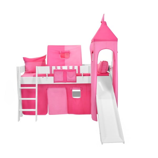 Pătuț alb cu tobogan pentru copii și set roz din bumbac Mobi furniture Luk, 200 x 90 cm