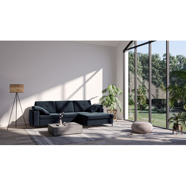 Colțar extensibil cu șezlong pe partea dreaptă și suprafață din catifea Ghado Moor, albastru închis-image-3