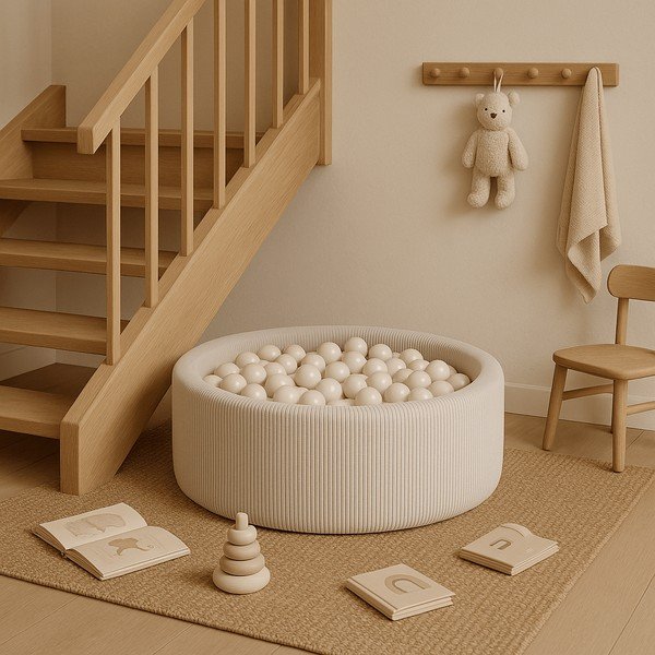 Piscină cu bile crem din catifea reiată ø 90x30 cm Montessori – Meowbaby-image-2