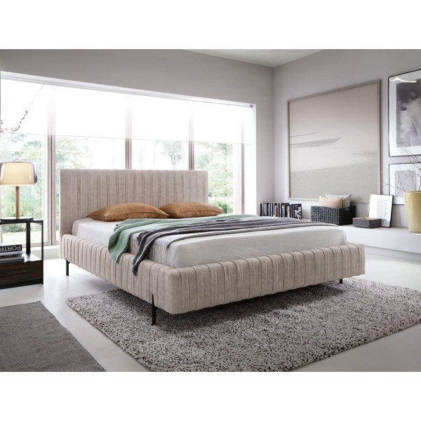 Pat matrimonial bej tapițat cu spațiu de depozitare cu somieră 180x200 cm Plissa – ELTAP-image-1