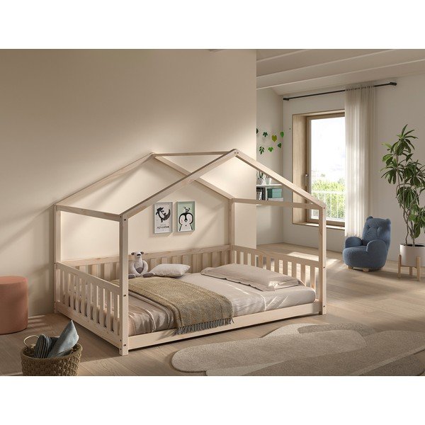 Pat pentru copii  în culoare naturală de tip casă din lemn de pin cu somieră 140x200 cm Dallas – Vipack-image-3