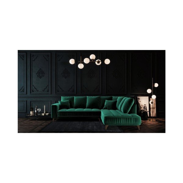 Colțar din catifea cu șezlong pe partea dreaptă devichy Chloe, 288 cm, verde închis-image-4