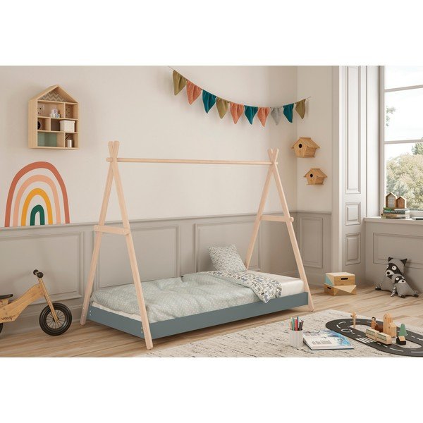 Pat pentru copii  în culoare naturală/verde prăfuit de tip casă din lemn de pin cu somieră 90x200 cm Trufa – Marckeric-image-1