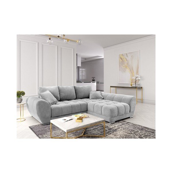 Colțar extensibil cu tapițerie de catifea și șezlong pe partea dreaptă Windsor & Co Sofas Nuage, gri deschis-image-1