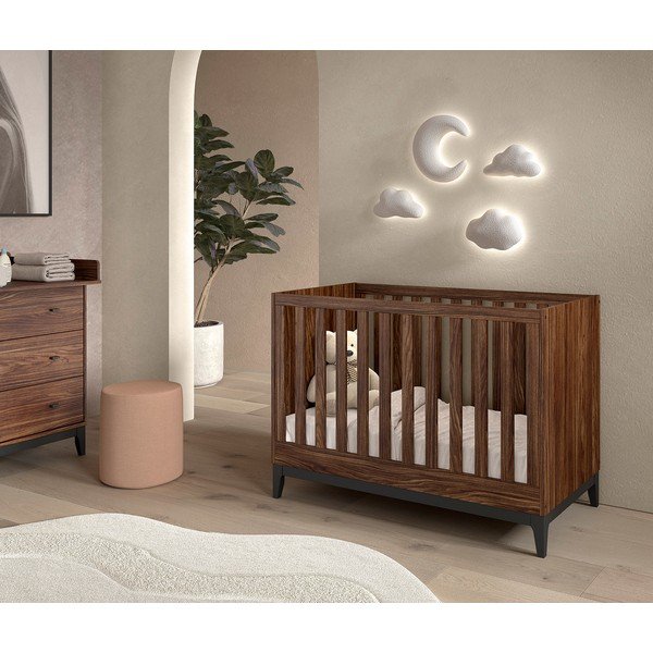Pătuț în culoare naturală închisă cu aspect de lemn de nuc cu înălțime reglabilă 60x120 cm Ilyas – Vipack-image-1
