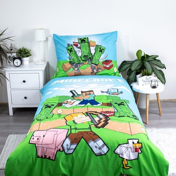 Lenjerie de pat pentru copii verde-albastră din bumbac pentru pat de o persoană 140x200 cm Minecraft "Outdoor Mobs" – Jerry Fabrics-image-1