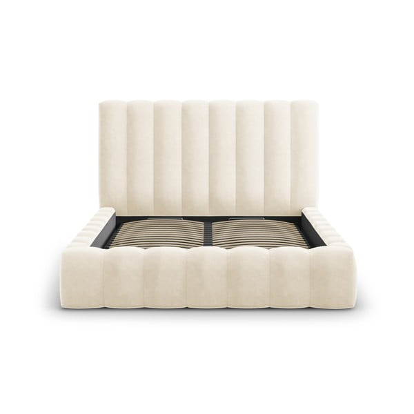 Pat dublu 160x200 cm bej tapițat cu spațiu de depozitare și somieră Kelp – Micadoni Home-image-2