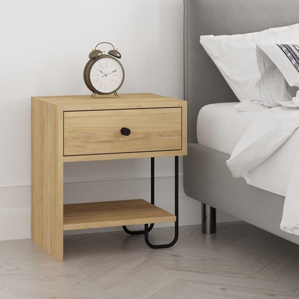 Noptieră în culoare naturală cu rafturi cu aspect de lemn de stejar Saturne – Marckeric-image-2