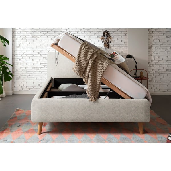 Pat matrimonial bej tapițat cu spațiu de depozitare cu somieră 140x200 cm Mattis – Meise Möbel-image-3