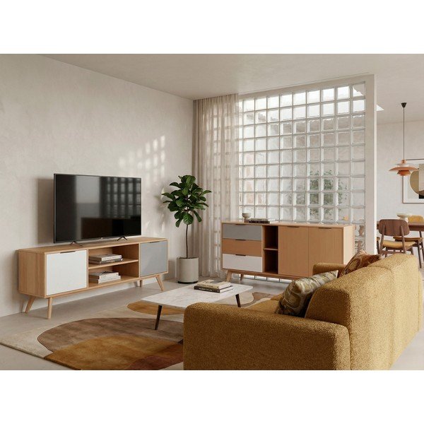 Comodă TV natural/gri/alb din lemn de pin 140x53 cm Elfa – Marckeric-image-3