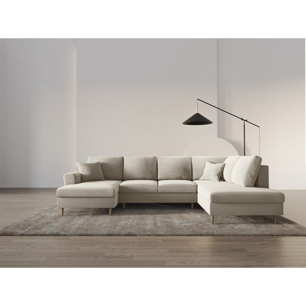 Colțar bej extensibil, cu spațiu de depozitare cu tapițerie din catifea (cu colț pe partea dreaptă-în formă de "U") Kyoto – Cosmopolitan Design-image-2