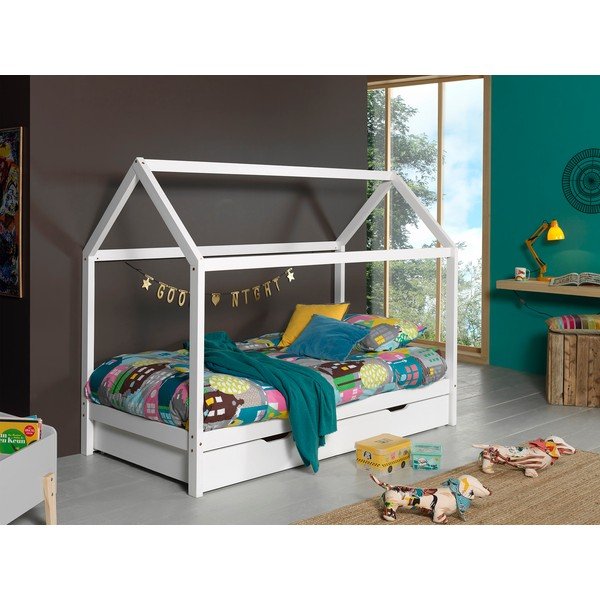 Pat pentru copii  alb de tip casă/cu extensie suplimentară din lemn masiv de pin cu spațiu de depozitare 90x200 cm DALLAS – Vipack-image-1