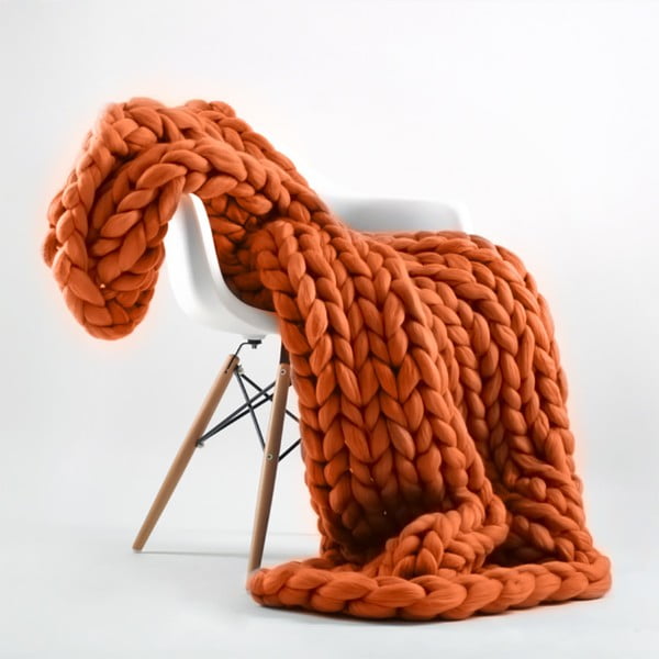 Pătură din lână merino tricotată  manual Concepttual Chunky, 125 x 130 cm, portocaliu