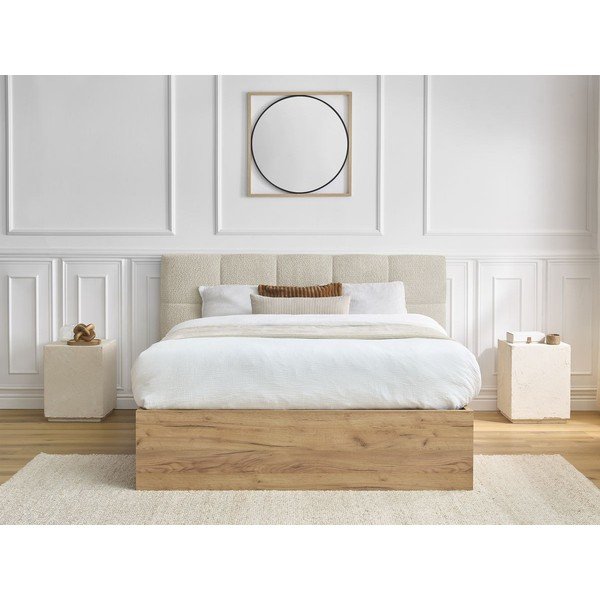 Pat matrimonial bej tapițat/din  placă aglomerată de lemn tapițat cu spațiu de depozitare cu somieră 180x200 cm Kumo – Bobochic Paris-image-3