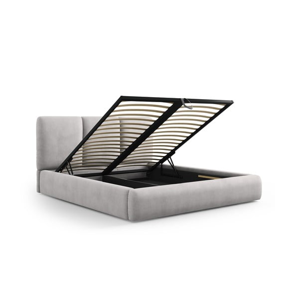 Pat matrimonial gri deschis tapițat cu spațiu de depozitare și somieră 160x200 cm Brody – Mazzini Beds-image-3