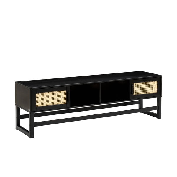 Masă TV din lemn de pin cu uși din ratan Støraa Jolene, negru-image-1
