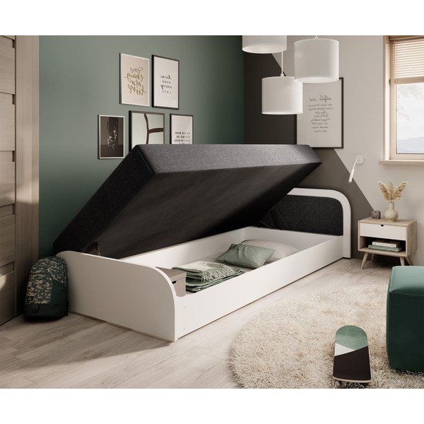 Pat alb/gri închis tapițat/din  placă aglomerată de lemn cu spațiu de depozitare cu saltea 80x190 cm Parys – ELTAP-image-2