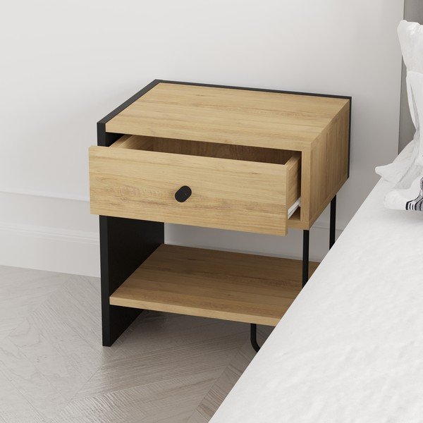 Noptieră neagră/în culoare naturală cu rafturi cu aspect de lemn de stejar Saturne – Marckeric-image-2