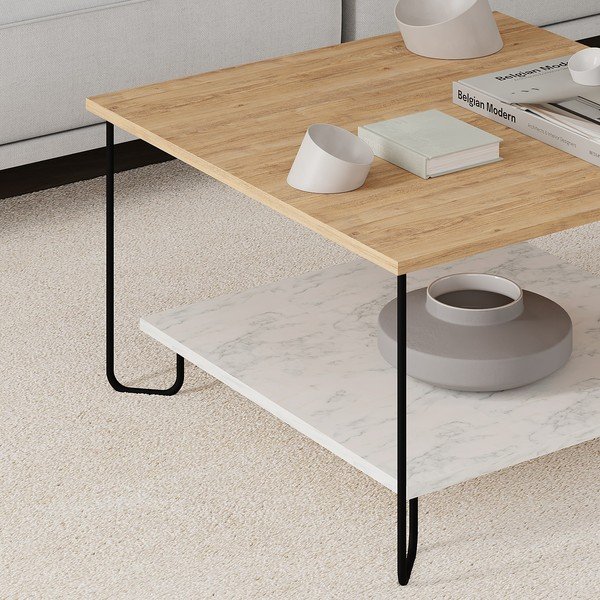 Măsuță de cafea albă/în culoare naturală cu blat cu aspect de lemn de stejar 80x80 cm Tonka – Marckeric-image-2