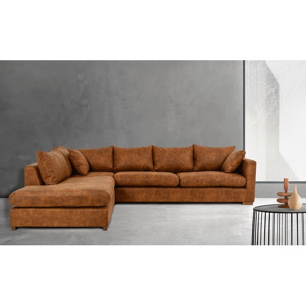 Colțar maro coniac cu tapițerie din imitație de piele (cu colț pe partea stângă ) Hamburg – Scandic-image-1