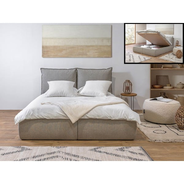 Pat matrimonial bej tapițat cu spațiu de depozitare cu somieră 160x200 cm Garance – Bobochic Paris-image-1
