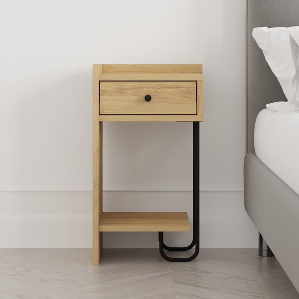 Noptieră în culoare naturală cu rafturi cu aspect de lemn de stejar Mercure – Marckeric-image-1