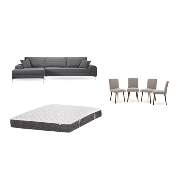 Set canapea gri cu șezlong pe partea stângă, 4 scaune gri-bej și saltea 160 x 200 cm Home Essentials