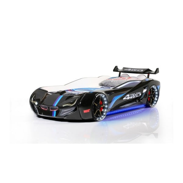 Pat în formă de automobil cu lumini LED pentru copii Fastero, 90 x 190 cm, negru