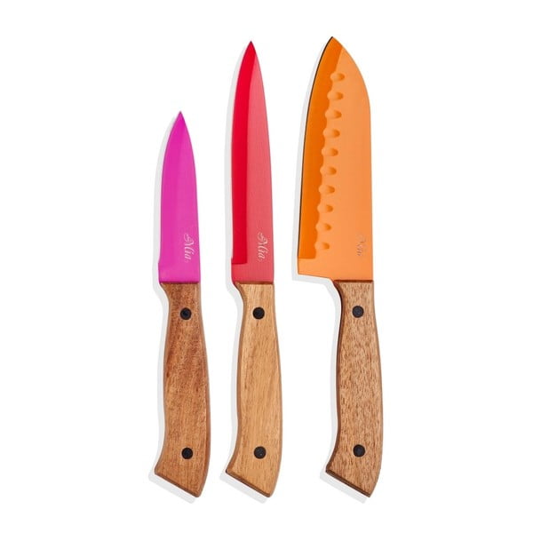 Set 3 cuțite cu mâner din lemn The Mia Cutt, roz - roșu - portocaliu