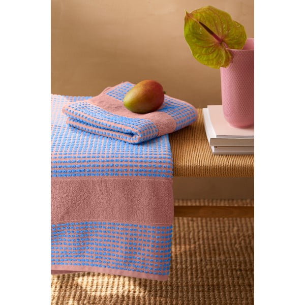 Prosop albastru/roz din bumbac organic din frotir 50x100 cm Check – JUNA-image-1