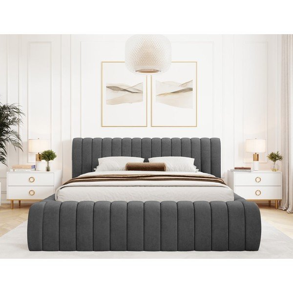 Pat matrimonial gri închis tapițat cu spațiu de depozitare cu somieră 140x200 cm Carilla – ELTAP-image-3