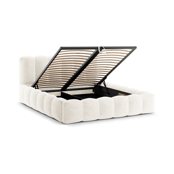 Pat matrimonial crem tapițat cu spațiu de depozitare cu somieră 180x200 cm Lupine – Micadoni Home-image-2
