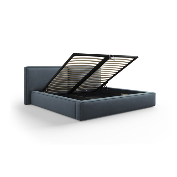 Pat matrimonial albastru închis tapițat cu spațiu de depozitare și somieră  200x200 cm Arendal – Cosmopolitan Design-image-3