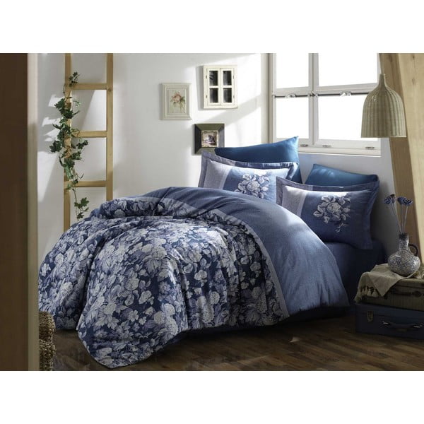 Lenjerie de pat dublu  albastră din bumbac satinat extinsă  cu cearșaf și cuvertură 240x260 cm Amalia – Mijolnir