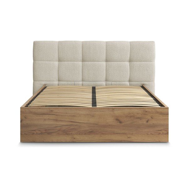 Pat matrimonial bej tapițat/din  placă aglomerată de lemn tapițat cu spațiu de depozitare cu somieră 160x200 cm Kumo – Bobochic Paris