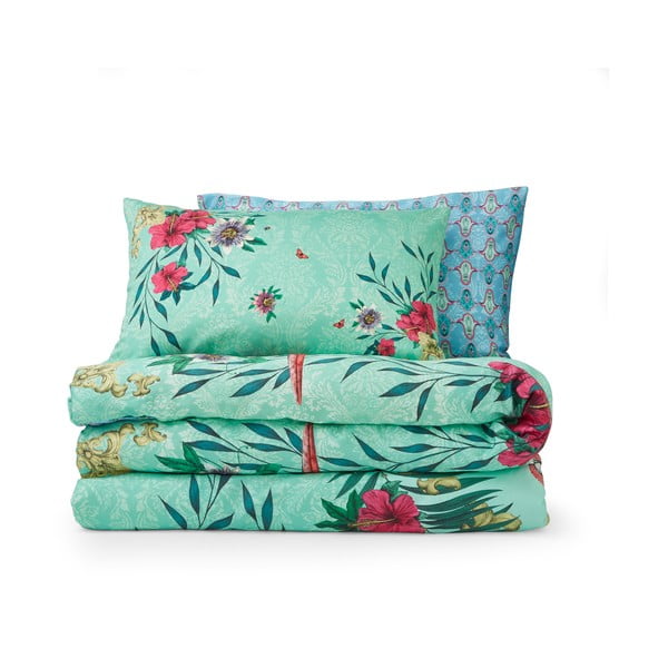 Lenjerie de pat verde-albastră din bumbac satinat pentru pat dublu, extinsă 230x220 cm Paradise Parrot – Matthew Williamson