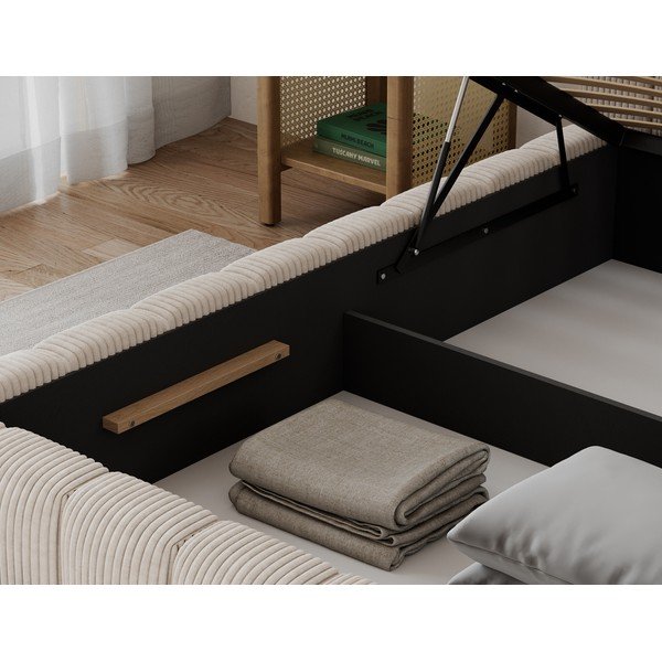 Pat bej tapițat cu spațiu de depozitare cu somieră 90x200 cm Lamica – ELTAP-image-4