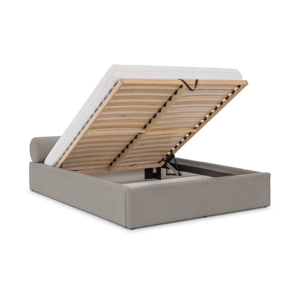 Pat matrimonial gri deschis tapițat cu spațiu de depozitare cu somieră 140x200 cm Cille – Ropez-image-2