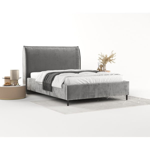 Pat matrimonial gri tapițat cu spațiu de depozitare cu somieră 140x200 cm Shell – Maison de Rêve-image-2