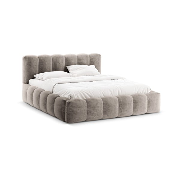 Pat matrimonial maro deschis tapițat cu spațiu de depozitare cu somieră 160x200 cm Lupine – Micadoni Home-image-3