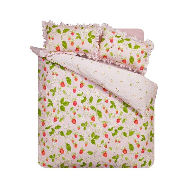 Lenjerie de pat roz pentru pat dublu cu 3 piese 200x200 cm Strawberry Frills – Catherine Lansfield