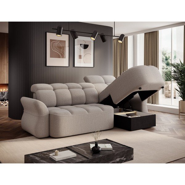 Colțar bej extensibil/cu spațiu de depozitare cu tapițerie din țesătură bouclé (cu colț pe partea dreaptă/cu șezlong) Beneth – ELTAP-image-4
