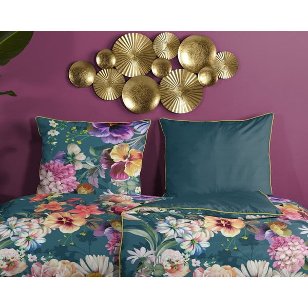 Lenjerie de pat din bumbac organic pentru pat de o persoană Descanso Sunflower, 140 x 200 cm, albastru petrol-image-2