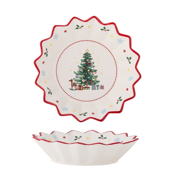 Farfurie roșie-crem pentru servire, din ceramică ø 20 cm  cu model de Crăciun Naive – Bloomingville-image-3