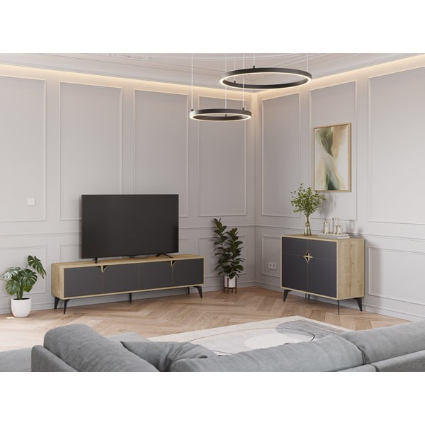 Masă TV neagră/în culoare naturală cu aspect de lemn de stejar 180x51 cm Nola – Marckeric-image-1