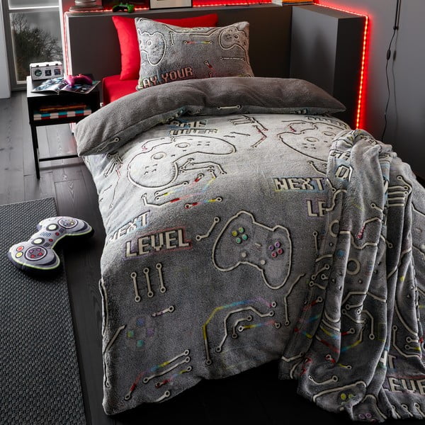 Pătură pentru copii fosforescentă gri din micropluș/cocolino 130x170 cm Game Over – Catherine Lansfield-image-1